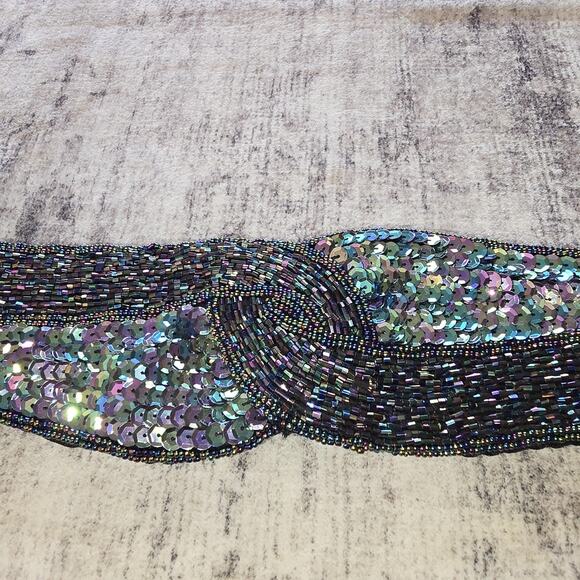 Sequin Beaded Stretch Belt Womens M/L Black Iridescent Snap Waist Evening - Picture 2 of 11